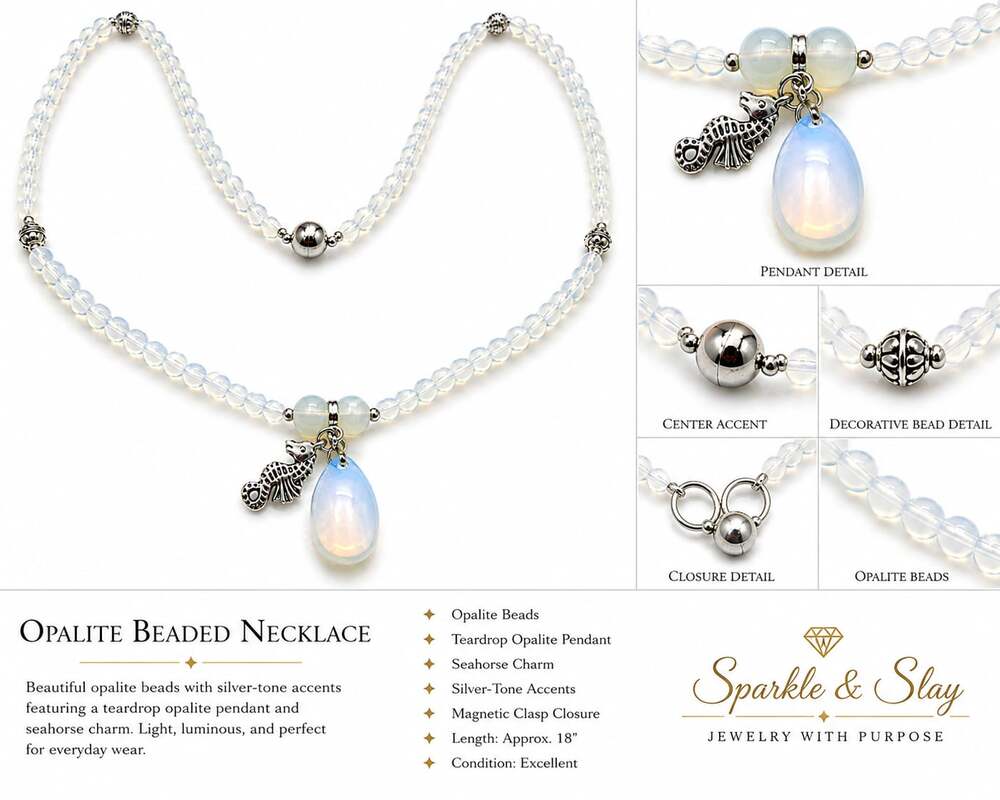 Sparkle & Slay Opalite Beaded Necklace with Seahorse Charm and Teardrop Pendant
